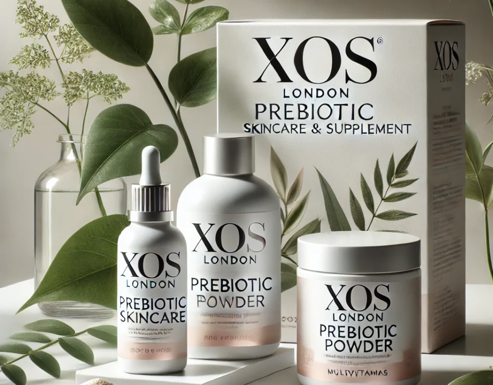 Elegant display of XOS London’s prebiotic skincare and supplement products on a minimalist white surface, surrounded by fresh green leaves, symbolizing health, purity, and luxury.